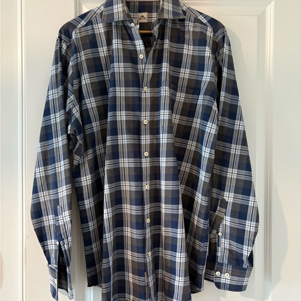 Peter Millar Men's Blue Plaid Dress Shirt button up shirt Large